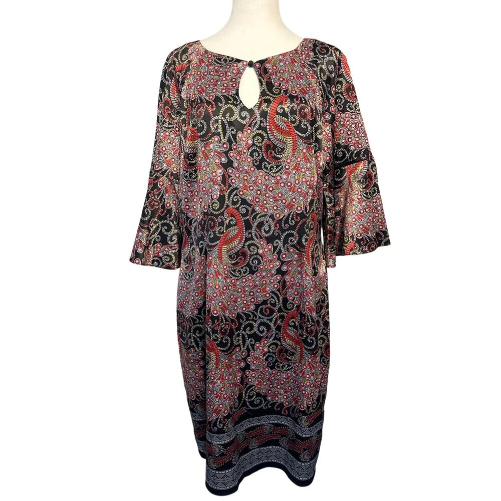Nanette Lepore Dress Size 12 Black Peacock Pattern‎ Flare Sleeve Key Hole